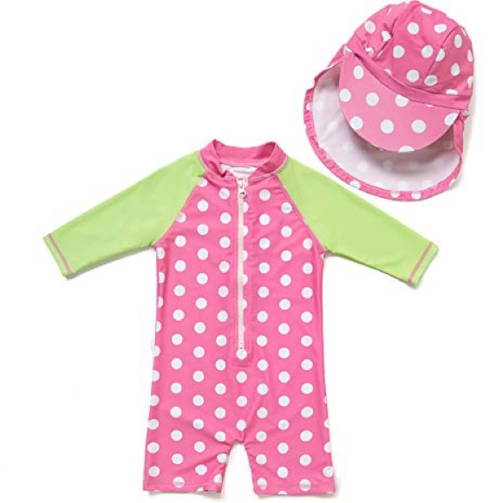 Charming Pink and Green Polka Dot Kids Swim One Piece